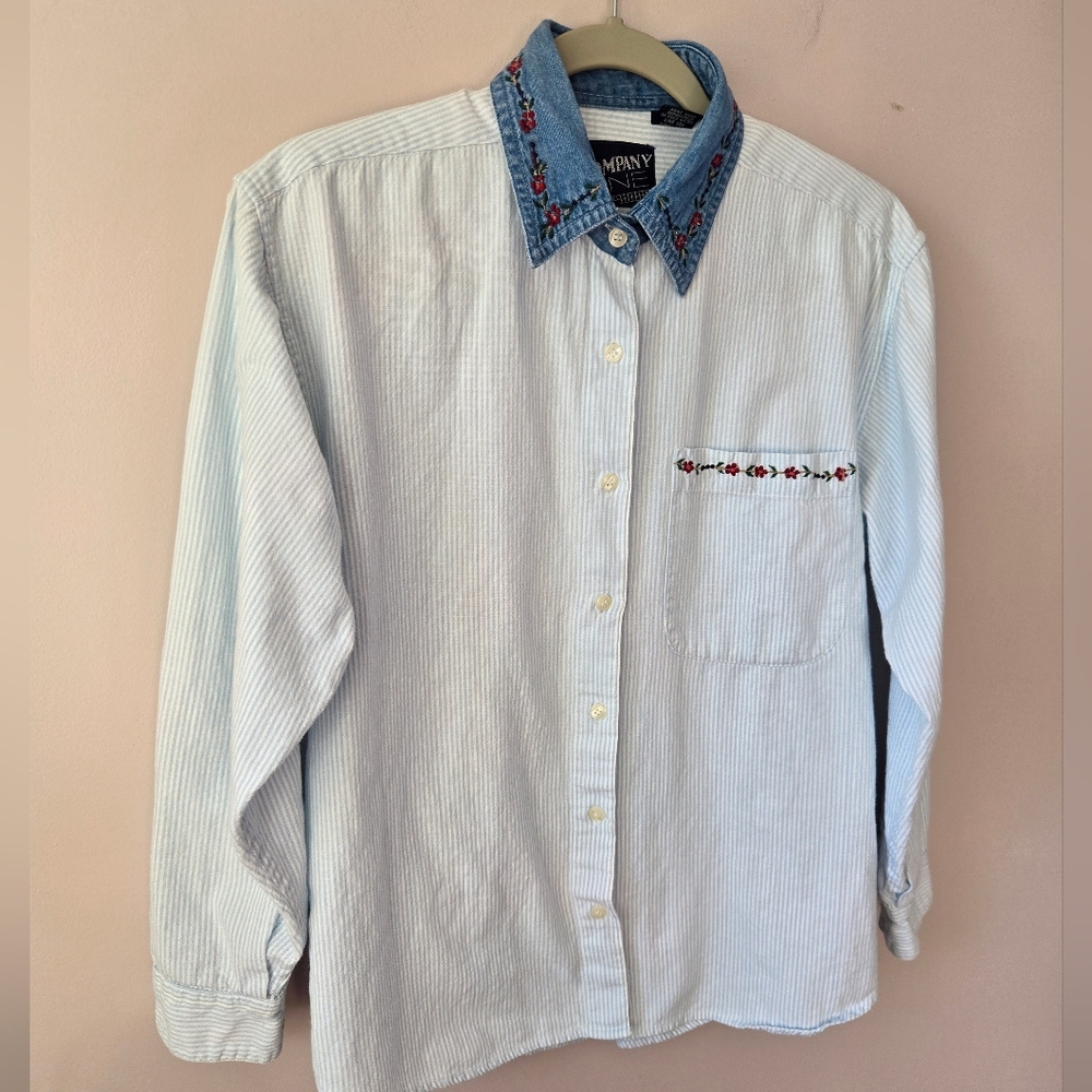 ​VTG Company One Seersucker Striped Button Down - Embroidered Denim Collar